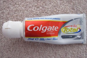 25ml Colgate toothpaste tube showing mis-spelling "antibacerial"