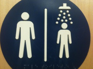 Sign showing male figure and smaller make figure beneath a shower spray